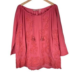 Soft Surroundings Embroidered Boho Tunic Top Petite Large Coral V Neck Tassel